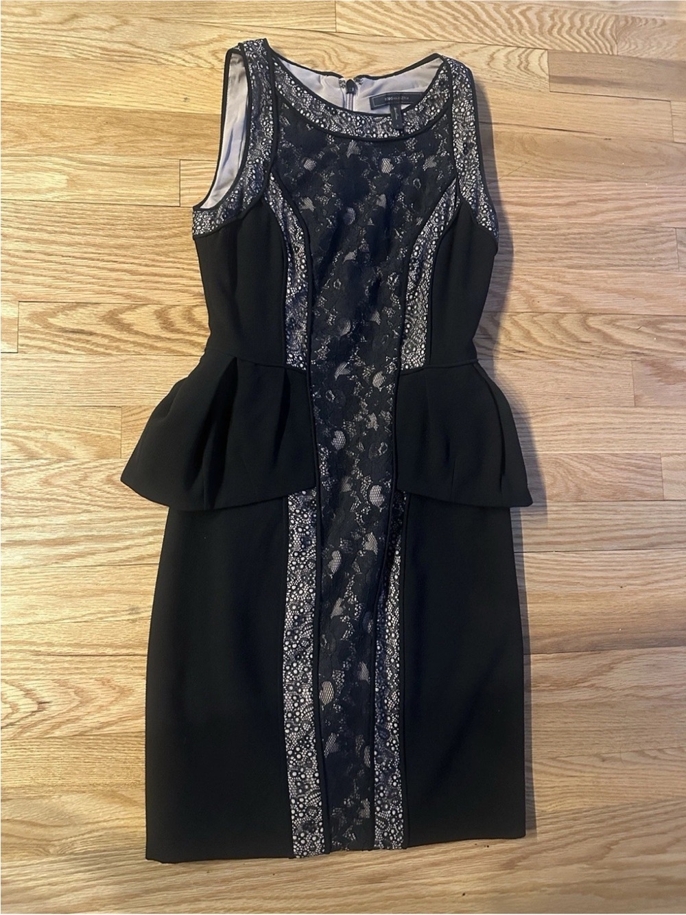 BCBGMaxAzria Black Lace-Panel Peplum Midi Dress with Silver Trim